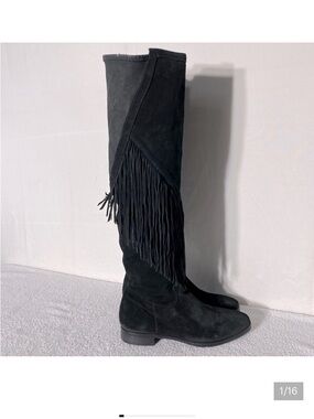 Vince Camuto Black Suede Thigh High Over The Knee Flat Boots With Fringe 38